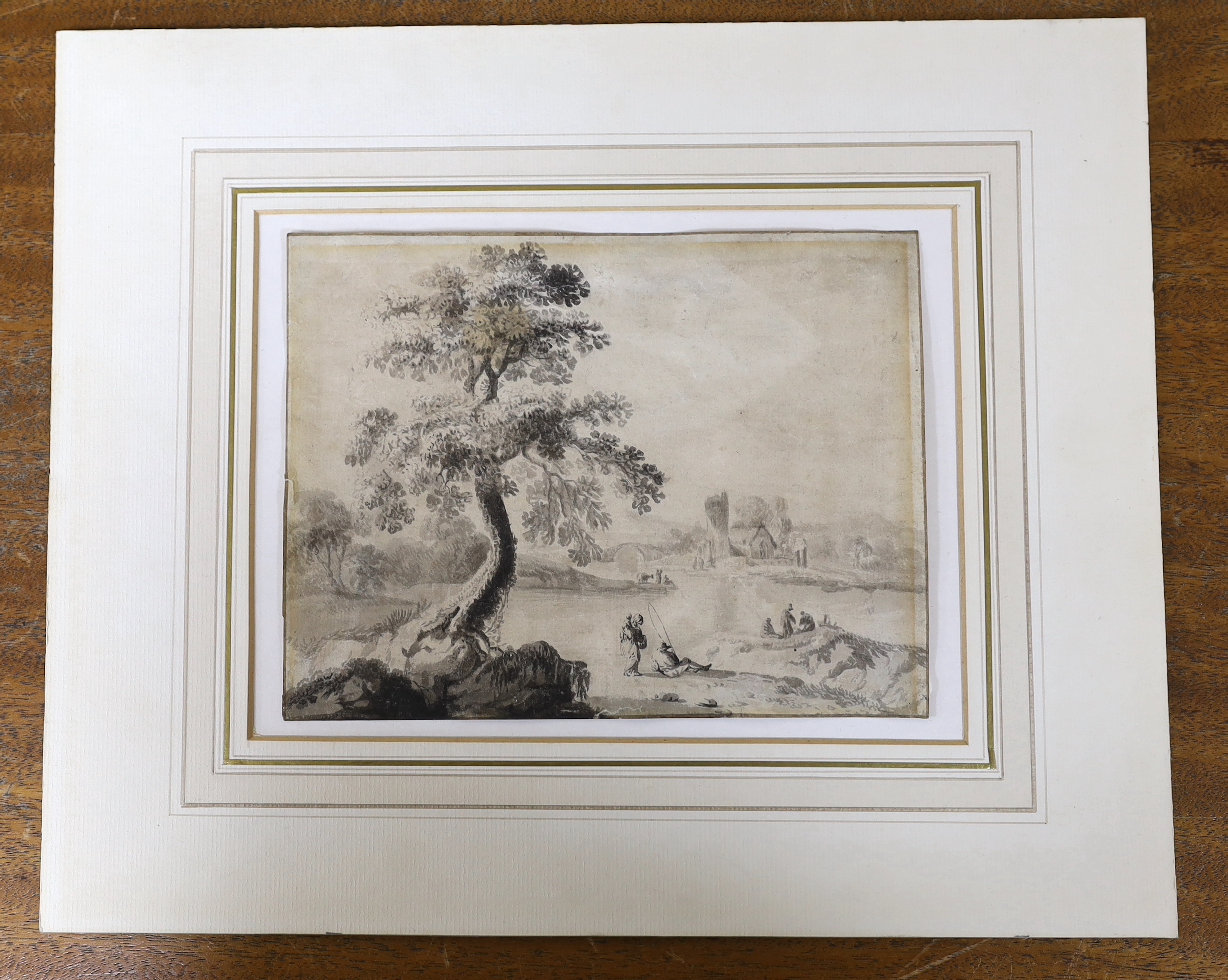 18th century Dutch, old master, ink and wash, Landscape with figures before a church, mounted, 16 x 21cm, unframed